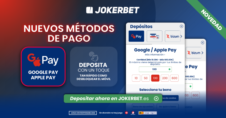 Nueva portada 13 JOKERBET incorpora nuevos métodos de depósito instantáneos con Google Pay y Apple Pay